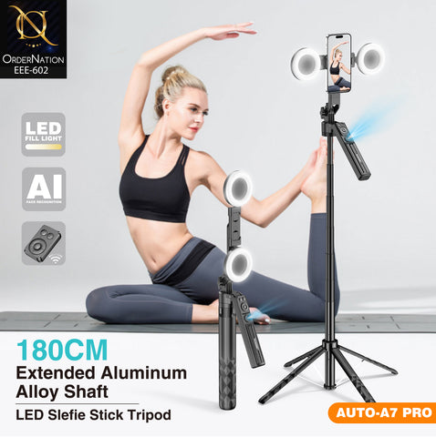 PLOKAMA AUTO-A7 Pro 180cm AI Face Tracking Selfie Stick Tripod with Dual LED Fill Lights & Bluetooth Remote