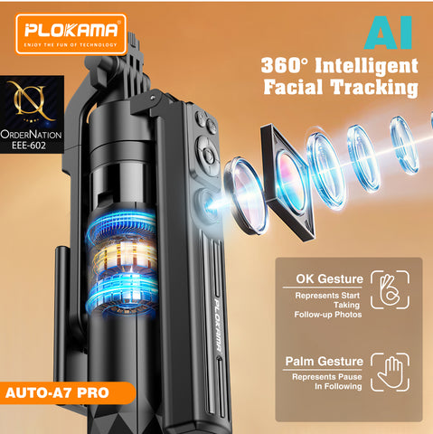PLOKAMA AUTO-A7 Pro 180cm AI Face Tracking Selfie Stick Tripod with Dual LED Fill Lights & Bluetooth Remote