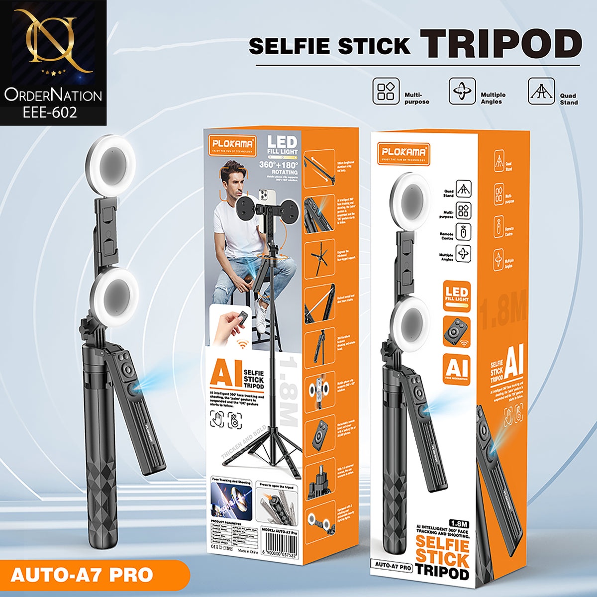 PLOKAMA AUTO-A7 Pro 180cm AI Face Tracking Selfie Stick Tripod with Dual LED Fill Lights & Bluetooth Remote