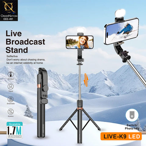 Plokama LIVE-K9 LED 1.7M Scalable Live Broadcast Stand & Selfie Stick Tripod