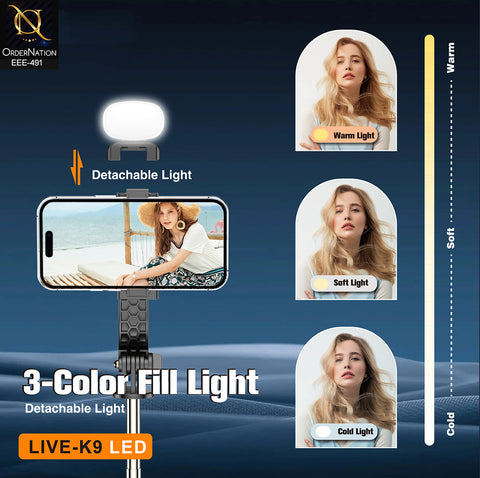 Plokama LIVE-K9 LED 1.7M Scalable Live Broadcast Stand & Selfie Stick Tripod