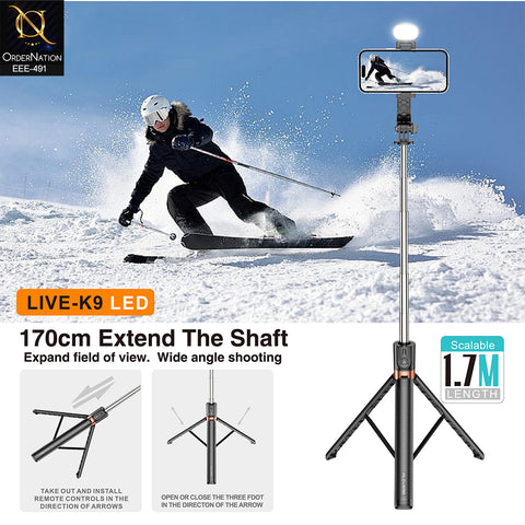 Plokama LIVE-K9 LED 1.7M Scalable Live Broadcast Stand & Selfie Stick Tripod