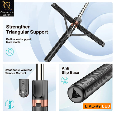 Plokama LIVE-K9 LED 1.7M Scalable Live Broadcast Stand & Selfie Stick Tripod