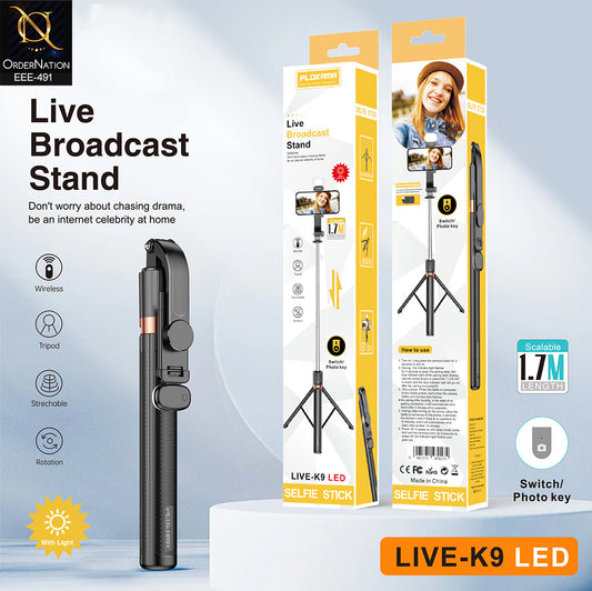 Plokama LIVE-K9 LED 1.7M Scalable Live Broadcast Stand & Selfie Stick Tripod