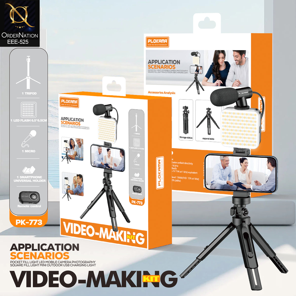 Plokama PK-773 Video Making Kit G Portable LED Fill Light with Microphone, Tripod & Universal Smartphone Holder
