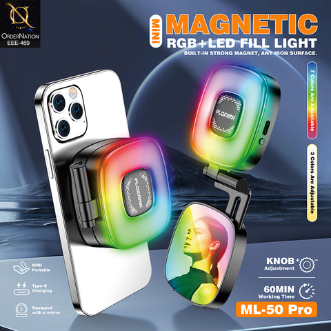 Plokama ML-50 Pro Magnetic RGB LED Fill Light with Selfie Mirror for Smartphones