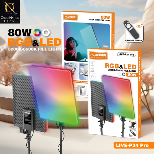 PLOKAMA LIVE-P24 Pro 80W RGB LED Studio Panel Light, 3200K–6500K, Remote Control & 270° Rotation