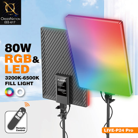 PLOKAMA LIVE-P24 Pro 80W RGB LED Studio Panel Light, 3200K–6500K, Remote Control & 270° Rotation