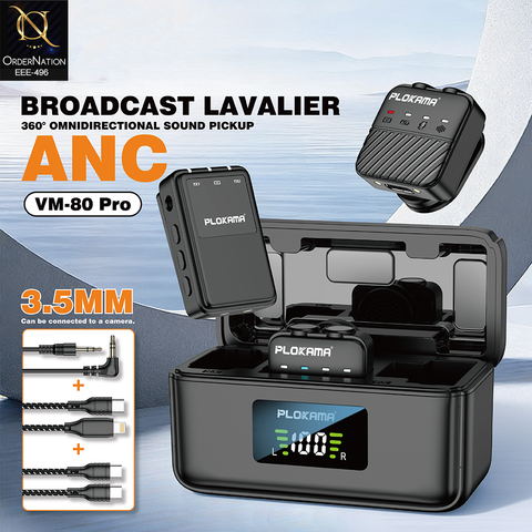 Plokama VM-80 Pro Wireless Lavalier Microphone ANC Noise Reduction Broadcast Mic with Smart Charging Case for iPhone Type-C Camera