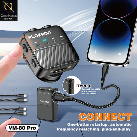 Plokama VM-80 Pro Wireless Lavalier Microphone ANC Noise Reduction Broadcast Mic with Smart Charging Case for iPhone Type-C Camera