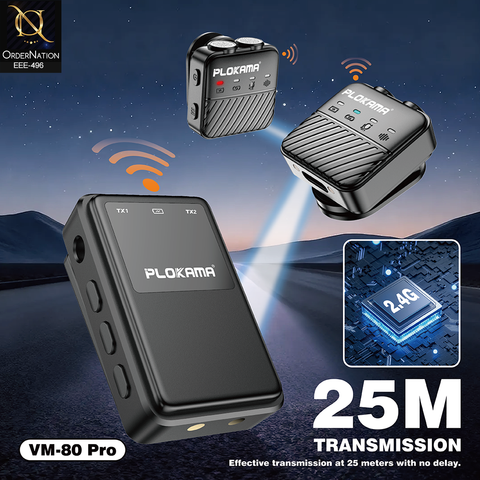 Plokama VM-80 Pro Wireless Lavalier Microphone ANC Noise Reduction Broadcast Mic with Smart Charging Case for iPhone Type-C Camera