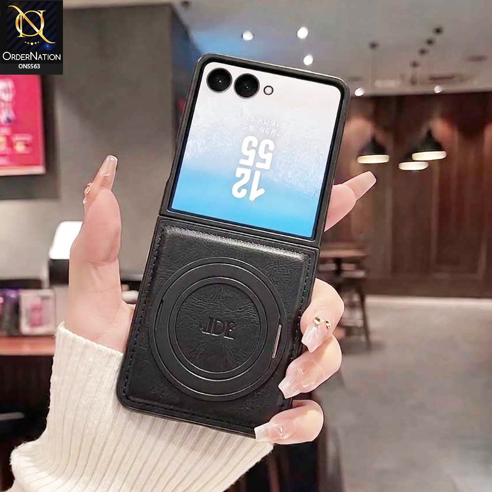 Samsung Galaxy Z Flip 7 Cover - Black - New Jinduka Premium Leather Case With Metal Kick Stand And Wireless Charging Option