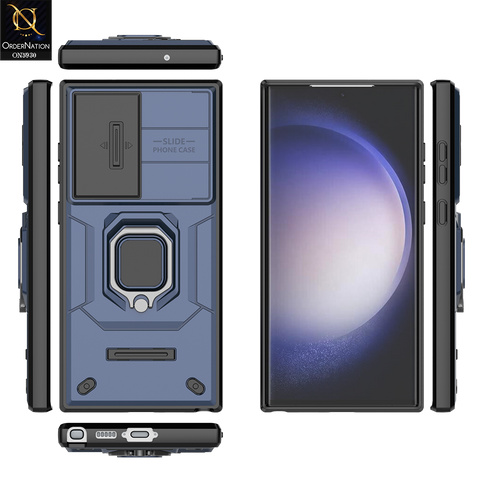 Samsung Galaxy S23 Ultra 5G Cover - Blue - New High Grade Quality Armor Case With Metal Ring And Kickstand And Sliding Camera Protection