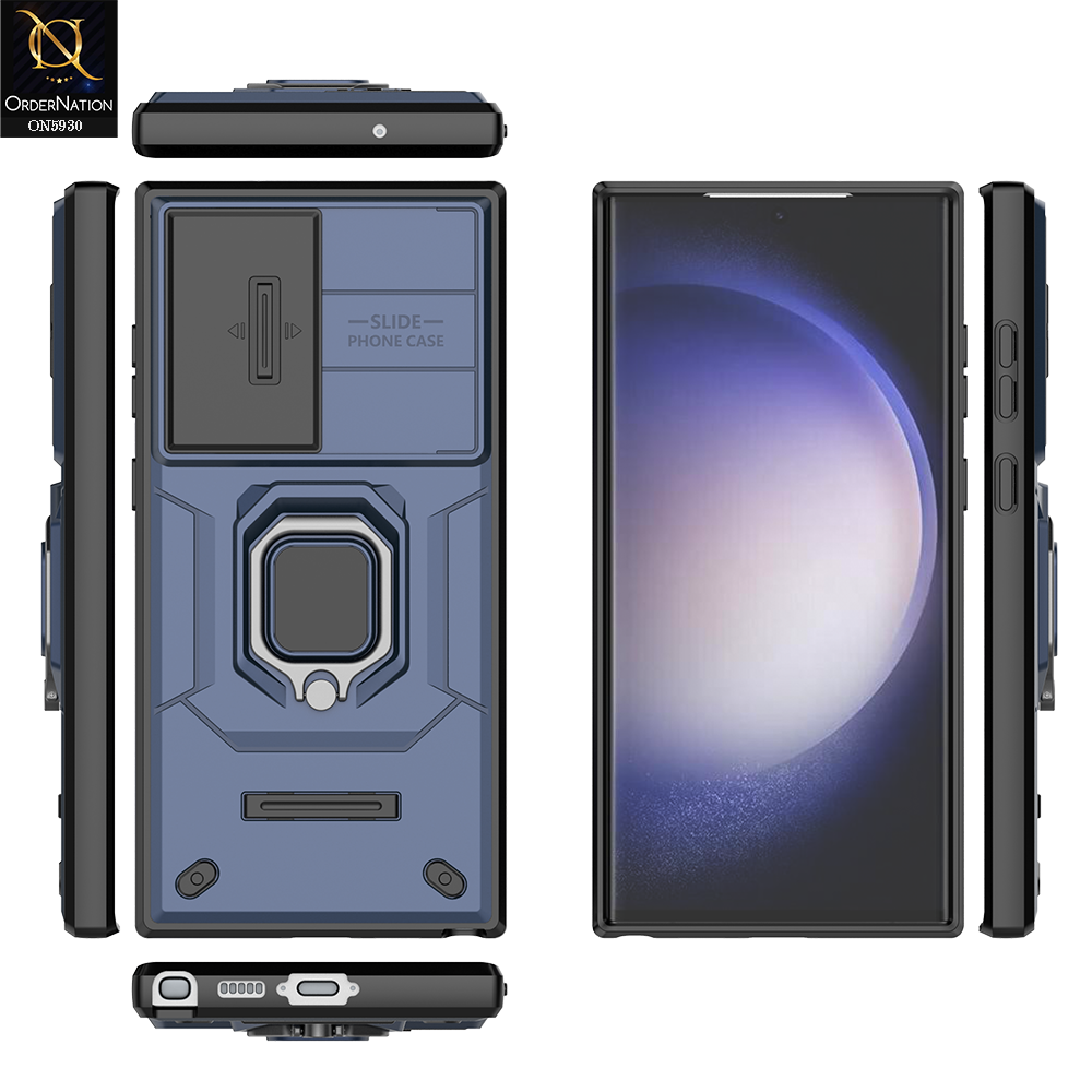 Samsung Galaxy S23 Ultra 5G Cover - Blue - New High Grade Quality Armor Case With Metal Ring And Kickstand And Sliding Camera Protection
