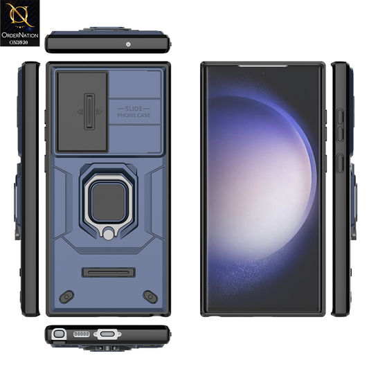 Samsung Galaxy S23 Ultra 5G Cover - Blue - New High Grade Quality Armor Case With Metal Ring And Kickstand And Sliding Camera Protection