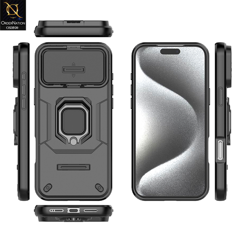 iPhone 17 Pro Max Cover - Black - New High Grade Quality Armor Case With Metal Ring And Kickstand And Sliding Camera Protection