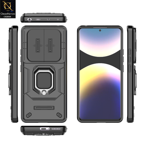 Xiaomi Redmi Note 14 Pro 4G Cover - Black - New High Grade Quality Armor Case With Metal Ring And Kickstand And Sliding Camera Protection