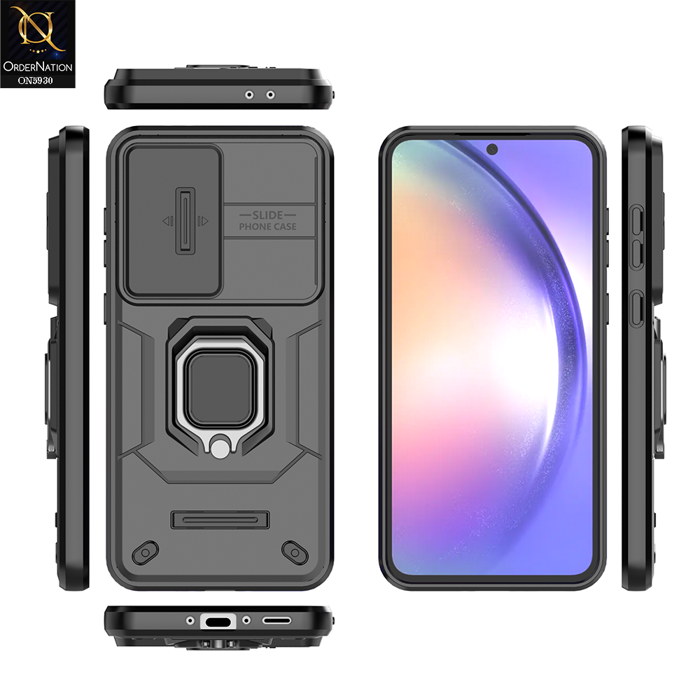 Samsung Galaxy A56 Cover - Black - New High Grade Quality Armor Case With Metal Ring And Kickstand And Sliding Camera Protection