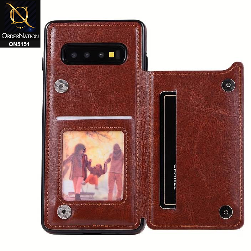 Samsung Galaxy S10 Plus Cover - Brown - Luxury PU Leather Card Holder Wallet Soft Case