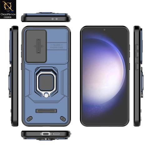 Samsung Galaxy S24 FE Cover - Blue - New High Grade Quality Armor Case With Metal Ring And Kickstand And Sliding Camera Protection