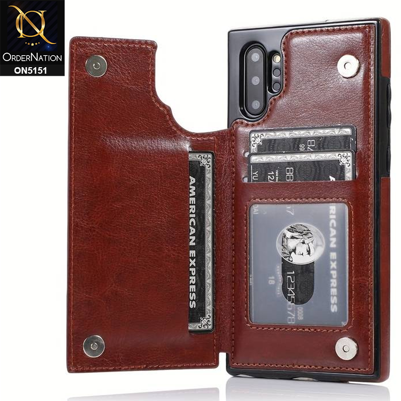 Samsung Galaxy Note 10 Plus Cover - Brown - Luxury PU Leather Card Holder Wallet Soft Case