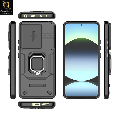 Xiaomi Redmi Note 14 4G Cover - Black - New High Grade Quality Armor Case With Metal Ring And Kickstand And Sliding Camera Protection