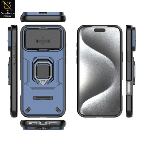 iPhone 17 Pro Cover - Blue - New High Grade Quality Armor Case With Metal Ring And Kickstand And Sliding Camera Protection