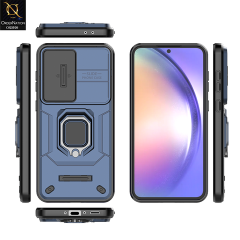 Samsung Galaxy A35 Cover - Blue - New High Grade Quality Armor Case With Metal Ring And Kickstand And Sliding Camera Protection