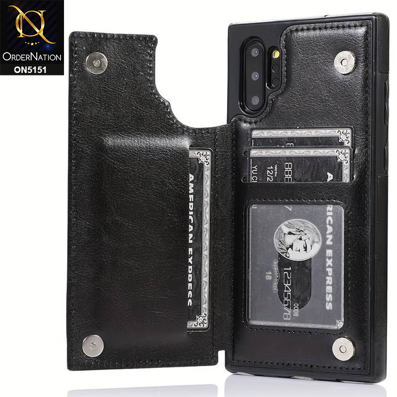 Samsung Galaxy Note 10 Plus Cover - Black - Luxury PU Leather Card Holder Wallet Soft Case