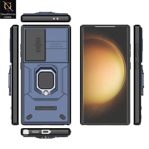 Samsung Galaxy S24 Ultra Cover - Blue - New High Grade Quality Armor Case With Metal Ring And Kickstand And Sliding Camera Protection