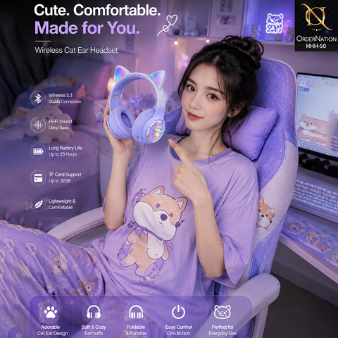 AKZ 51 Wireless Cat Ear Headphones with Bluetooth 5.3, 18H Playtime, 10M Range & TF Card Support