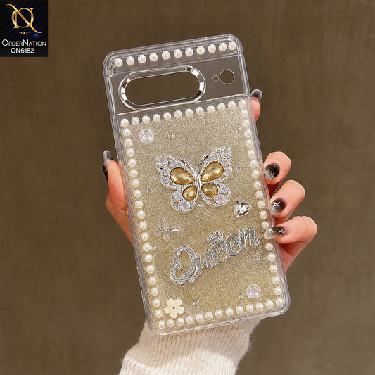 Google Pixel 6a Cover - Yellow - Shiny Glitter Pearl Border Phone Case with Premium 3D Rhinestone Crown Style Back Cover