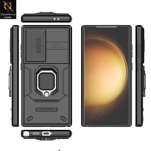 Samsung Galaxy S24 Ultra Cover - Black - New High Grade Quality Armor Case With Metal Ring And Kickstand And Sliding Camera Protection