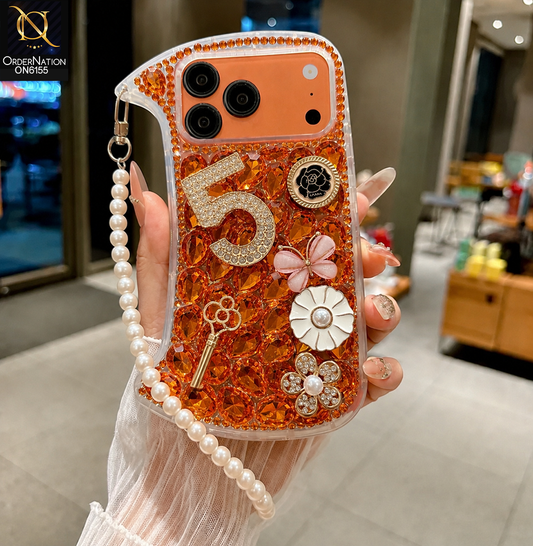 iPhone 17 Pro Max Cover - Orange - Luxury Crystal Pearl Hand Chain Phone Case with Premium Rhinestone Design