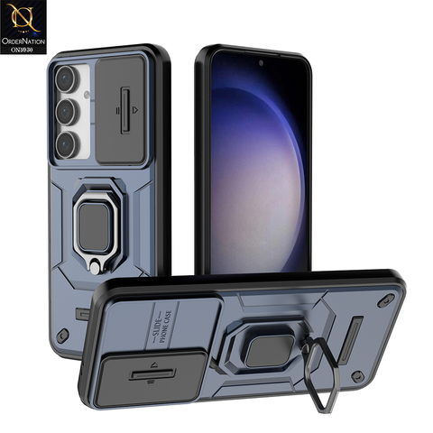 Samsung Galaxy S24 FE Cover - Blue - New High Grade Quality Armor Case With Metal Ring And Kickstand And Sliding Camera Protection