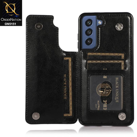 Samsung Galaxy S21 FE 5G Cover - Black - Luxury PU Leather Card Holder Wallet Soft Case