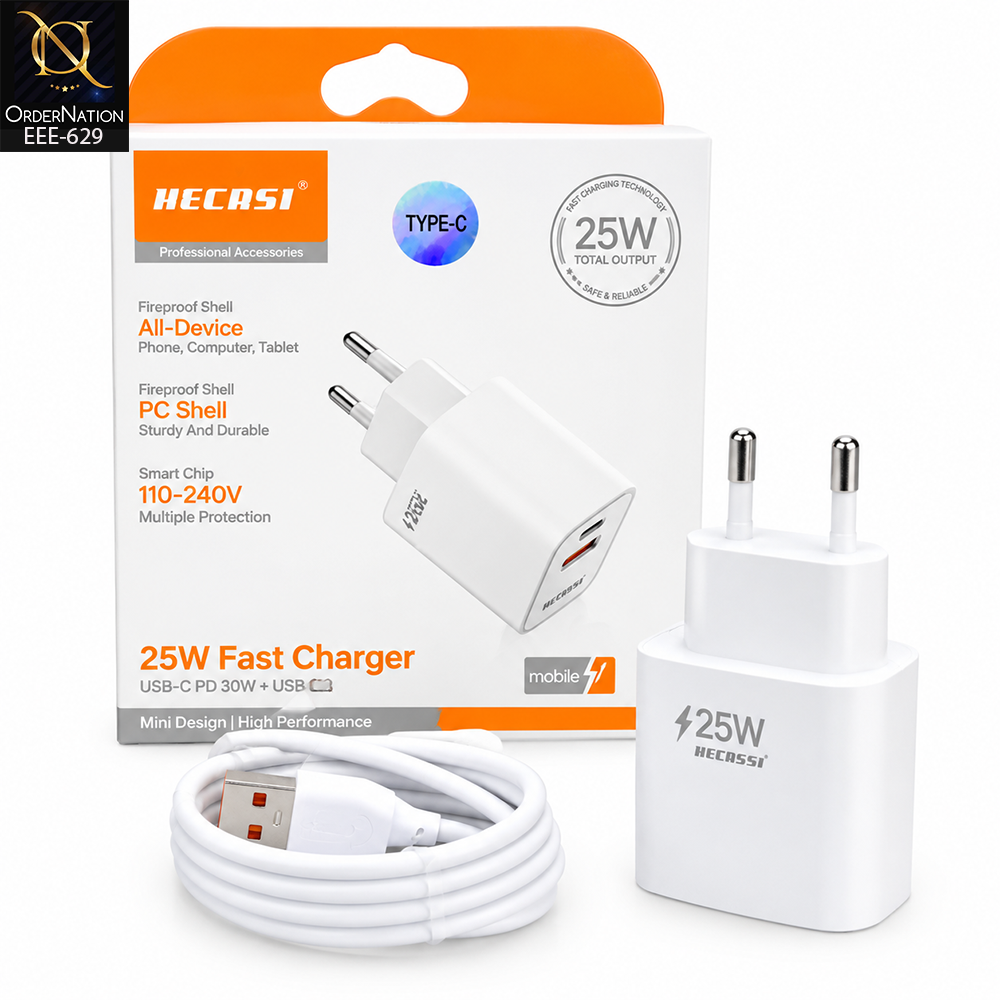 RECRSI FC-18 25W Fast Wall Charger – Dual USB Type-C & USB-A Ports, Universal Mobile Charging Adapter, EU Plug
