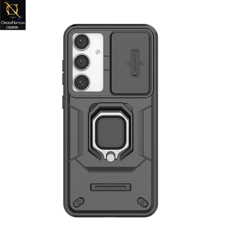Samsung Galaxy S24 FE Cover - Black - New High Grade Quality Armor Case With Metal Ring And Kickstand And Sliding Camera Protection