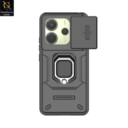 Xiaomi Redmi Note 14 4G Cover - Black - New High Grade Quality Armor Case With Metal Ring And Kickstand And Sliding Camera Protection