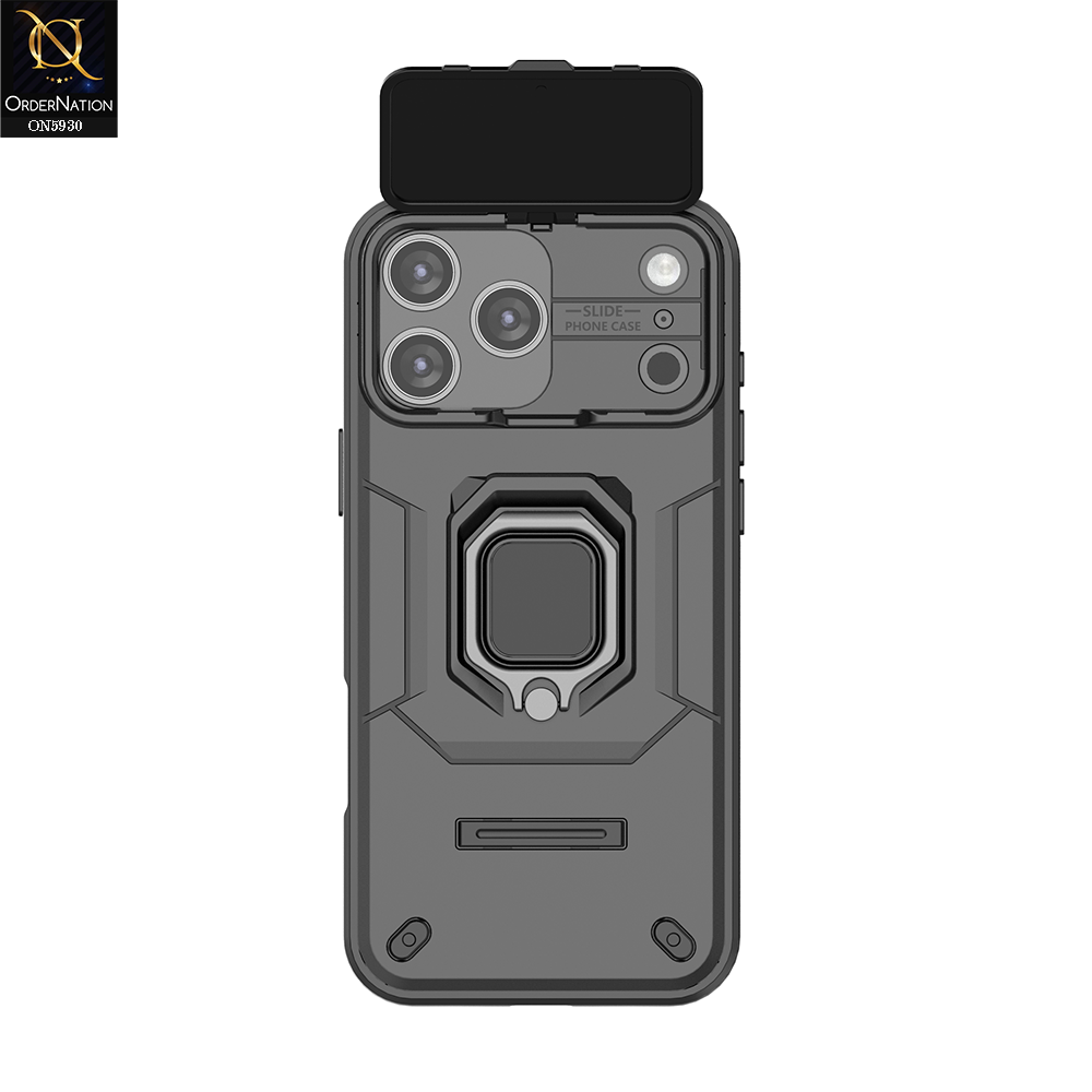 iPhone 17 Pro Max Cover - Black - New High Grade Quality Armor Case With Metal Ring And Kickstand And Sliding Camera Protection