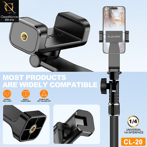 PLOKAMA CL-20 Double Pull Rotary Mobile Phone Clip 55-115mm 360° Rotation 180° Tilt 1/4″ Universal Tripod Mount