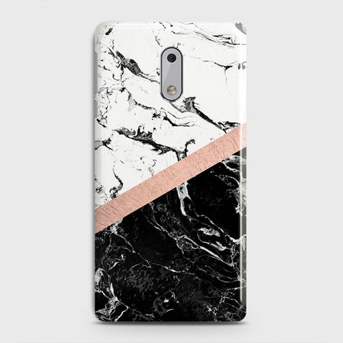 Nokia 6 Cover - Black & White Marble With Chic RoseGold Strip Case with Life Time Colors Guarantee