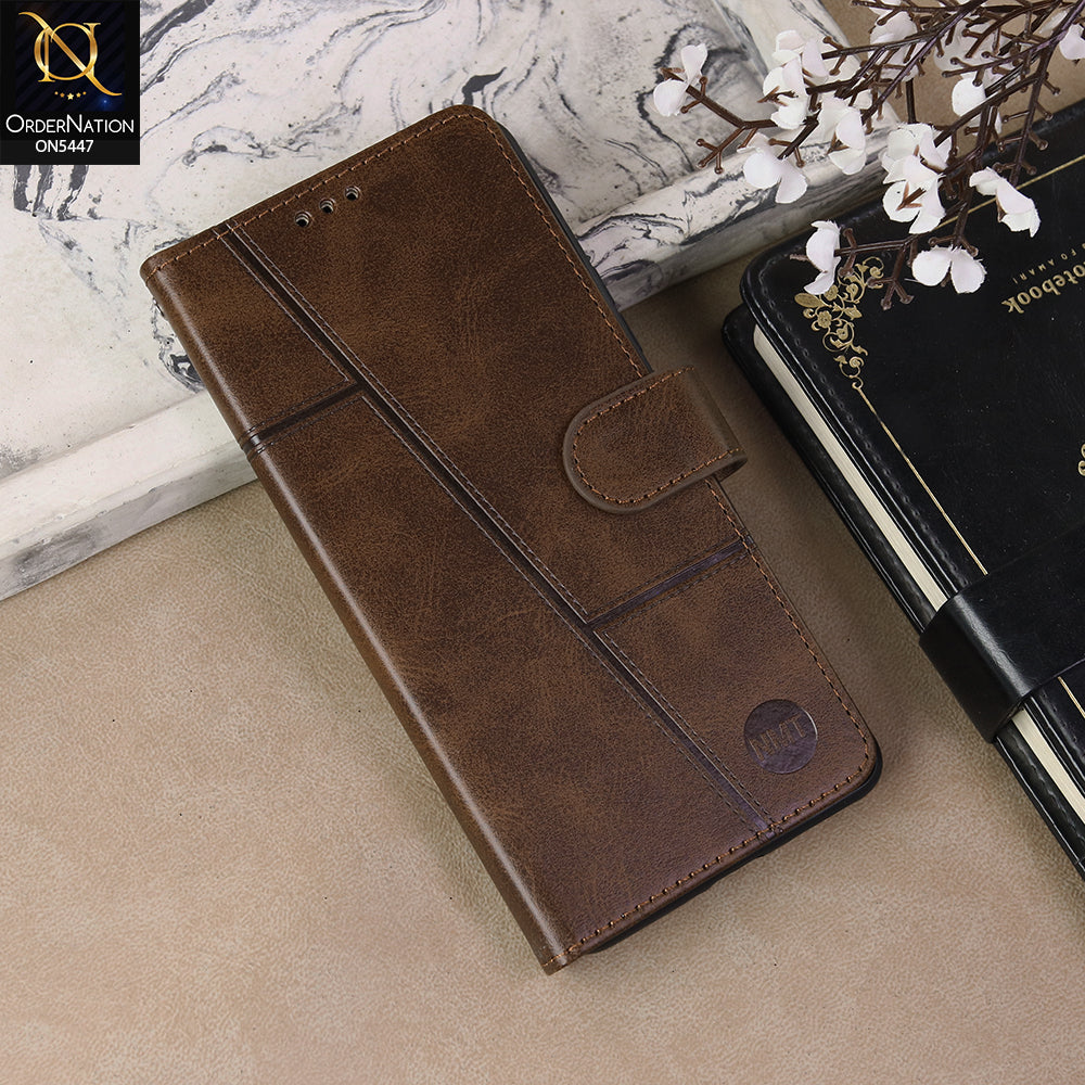 Realme 15 Cover - Dark Brown  - Premium Leather Megantic Flip Book Covers With Card Holding Option