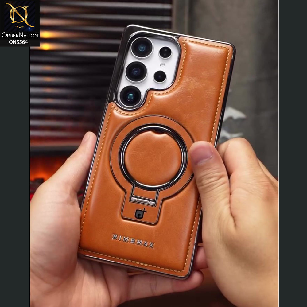 Samsung Galaxy S25 Ultra Cover - Brown - New Rimbmax High Quality Leather Case With Metal Camera Ring And KickStand