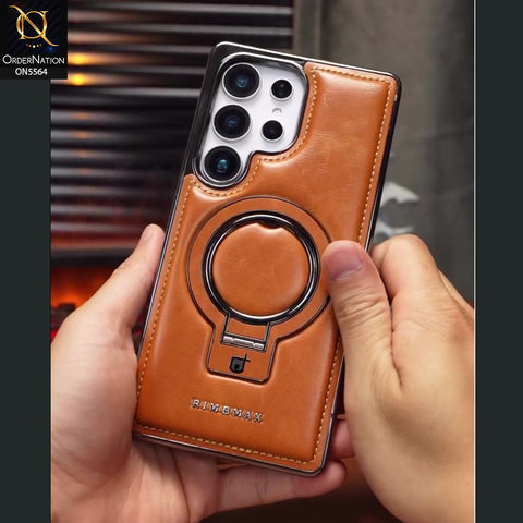 Samsung Galaxy S25 Ultra Cover - Brown - New Rimbmax High Quality Leather Case With Metal Camera Ring And KickStand