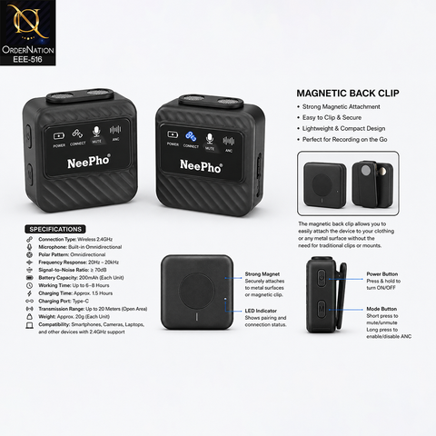NeePho NP-65 Wireless Lavalier Microphone Kit - IOS & Android - with Active Noise Cancellation