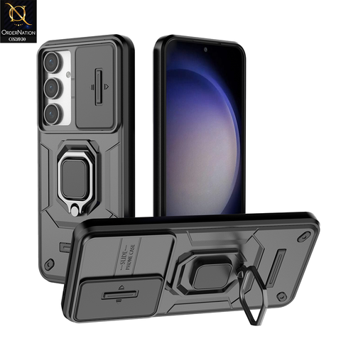 Samsung Galaxy S24 FE Cover - Black - New High Grade Quality Armor Case With Metal Ring And Kickstand And Sliding Camera Protection