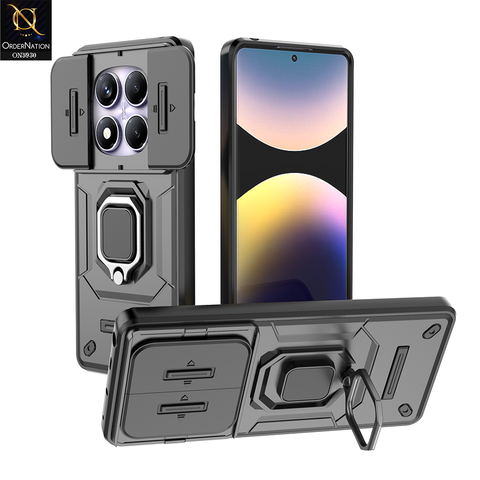 Xiaomi Redmi Note 14 Pro 4G Cover - Black - New High Grade Quality Armor Case With Metal Ring And Kickstand And Sliding Camera Protection