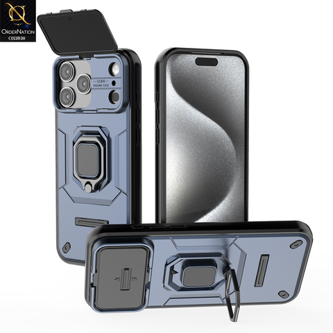 iPhone 17 Pro Cover - Blue - New High Grade Quality Armor Case With Metal Ring And Kickstand And Sliding Camera Protection