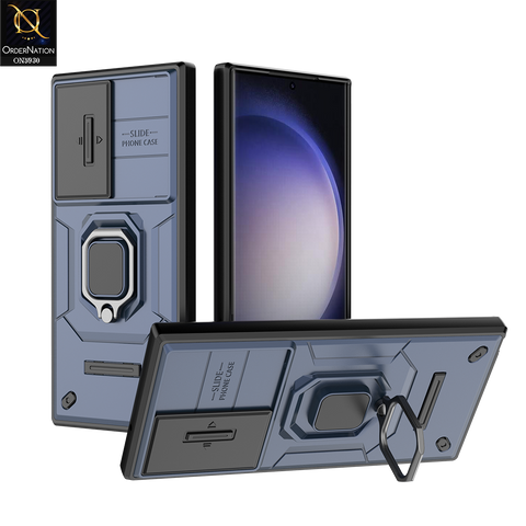 Samsung Galaxy S23 Ultra 5G Cover - Blue - New High Grade Quality Armor Case With Metal Ring And Kickstand And Sliding Camera Protection